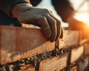 Зидар поставя тухли при изграждане на тухлена стена