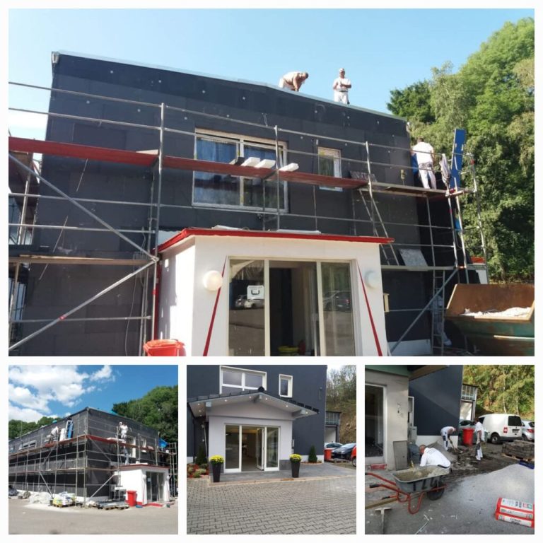 Саниране и ремонт на фасада на сграда със скеле и работници